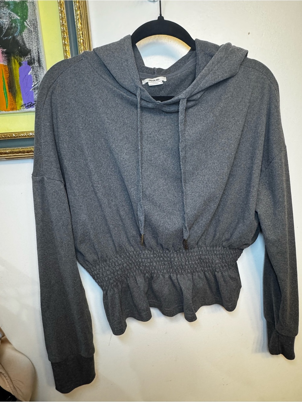 Jason Wu Charcoal Smocked-Hem Hooded Sweatshirt